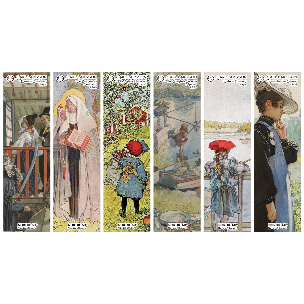The Carl Larsson 6-Piece Bookmark Collection (8.5" × 2.5" each) features illustrated bookmarks with detailed, soft-colored scenes of people, children, and outdoor settings—a tribute to Scandinavian art.