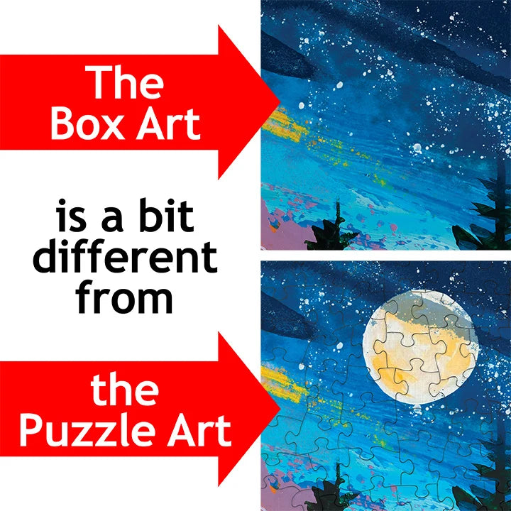 500 piece jigsaw puzzle box art displays a night sky with stars; assembled puzzle features a large moon. Red arrows point out differences between the box and puzzle designs.
