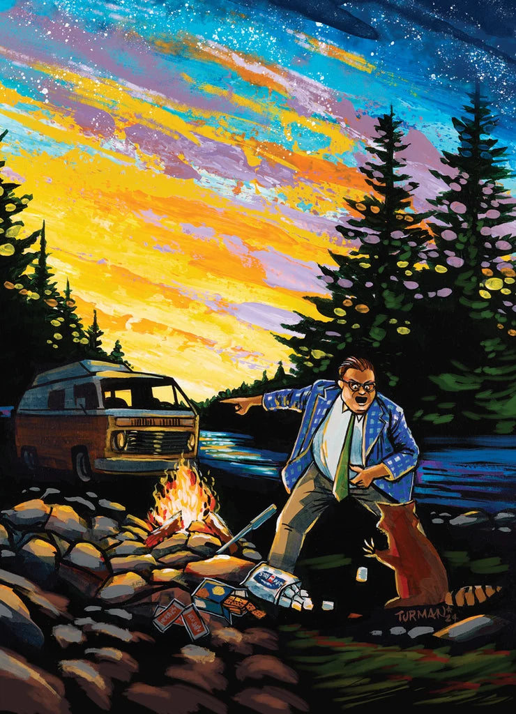 Puzzle image shows a man in a suit near a campsite yelling at a raccoon, with a van by the river, campfire, and scattered supplies in a forest at sunset.