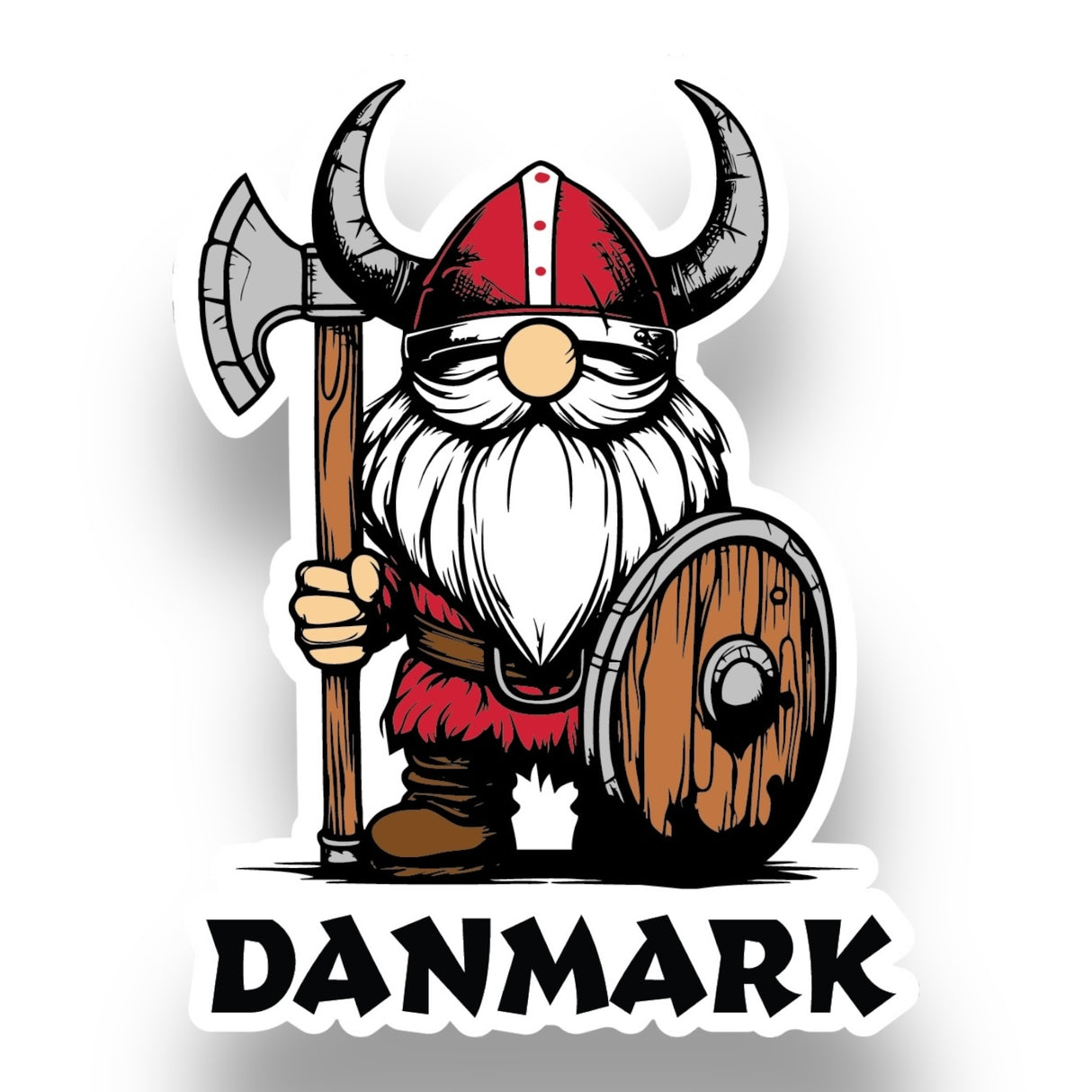 The Nordic Sticker: Viking Gnome Danmark features a cartoon Viking with a horned helmet, axe, and shield above the text Danmark. This glossy 3x4 inch sticker is UV and water-resistant, dishwasher safe, and comes with an easy peel option. Buy three and get one free!.