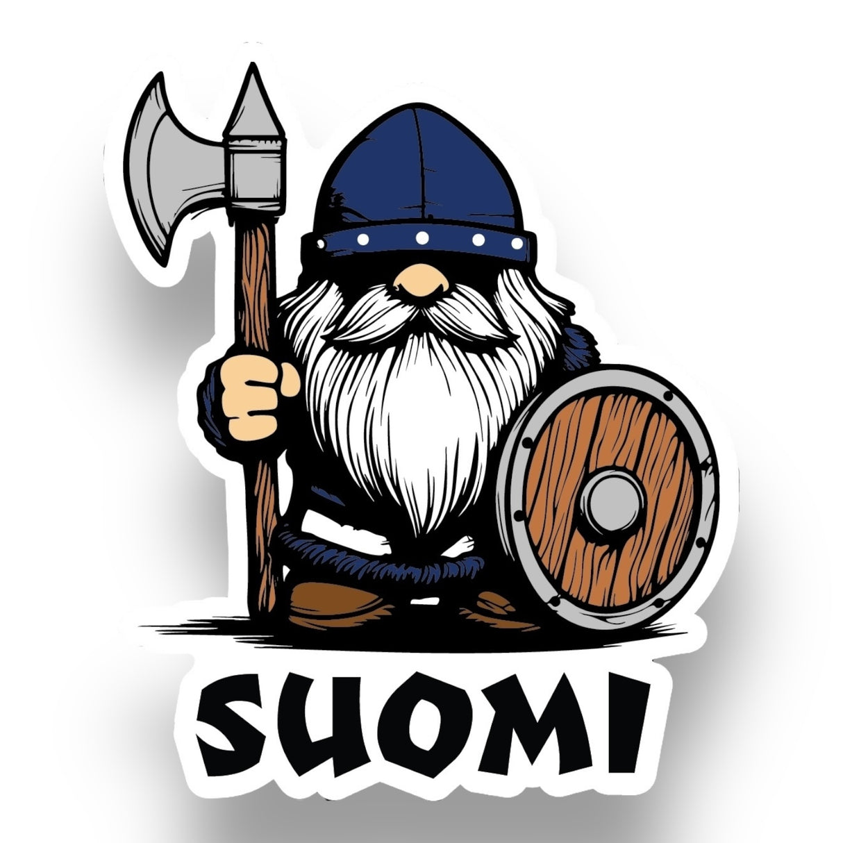 The Nordic Sticker: Viking Gnome Suomi – Finnish Pride (3 x 4 Inches) features a cartoon Viking with helmet, axe, and shield over Suomi, celebrating Finlands cultural legacy for Viking enthusiasts. Its glossy, UV & water-resistant, dishwasher safe, easy to peel, and available in a Buy 3 Get 1 Free offer.