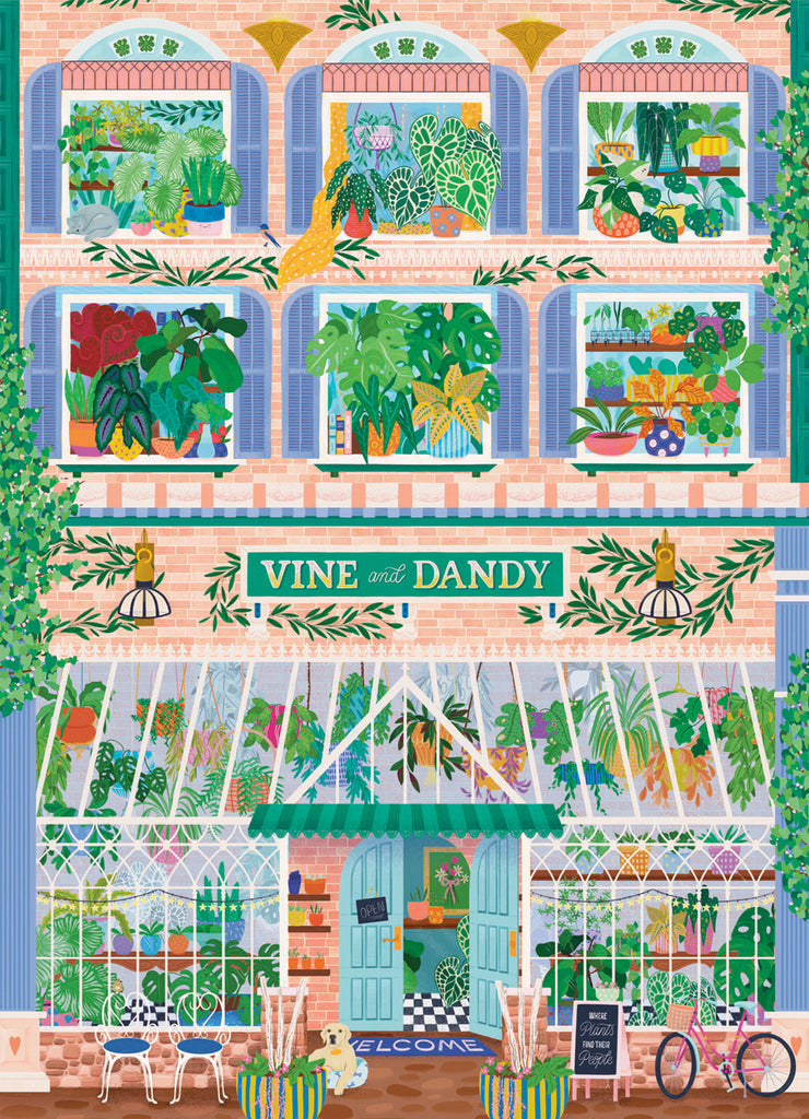 Illustration of the vibrant Vine and Dandy plant shop with lush greenery and large windows—ideal for fans of PuzzleTwist: Vine and Dandy by Molly Lenz 1000-piece Jigsaw Puzzle Somethings Amiss!.