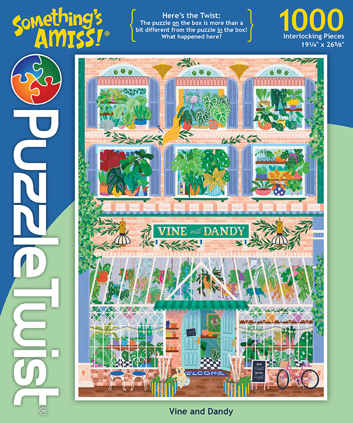 Box cover for the PuzzleTwist: Vine and Dandy by Molly Lenz 1000-piece jigsaw puzzle Somethings Amiss!, featuring an illustrated plant shop façade with lush greenery and a glass greenhouse entrance.