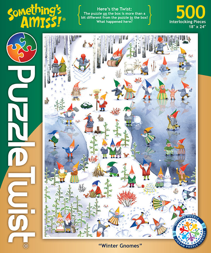 The PuzzleTwist: Winter Gnomes 500-piece puzzle by Kirsten Sevig showcases playful gnomes in a snowy scene. Spot the differences between the Nordic folktale-themed box image and the completed puzzle solution.