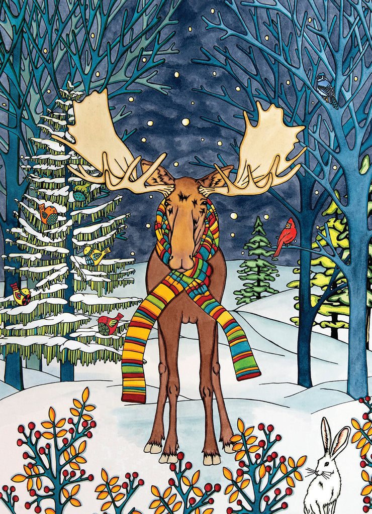 A moose in a colorful striped scarf stands in a snowy forest with trees, birds, and a rabbit—capturing Minnesota wildlife in the 500-piece PuzzleTwist: Winter Moose Puzzle by Sarah Angst – PuzzleTwist Edition.