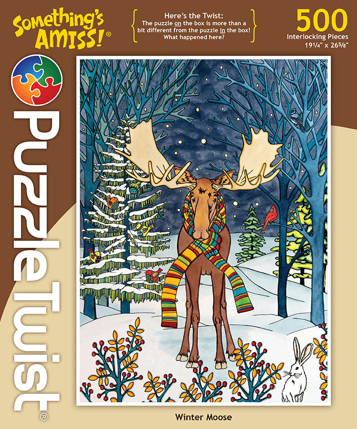 A moose in a striped scarf stands with a rabbit in a snowy night forest on the cover of the PuzzleTwist: Winter Moose Puzzle by Sarah Angst – PuzzleTwist Edition (500 Pieces), celebrating Minnesota wildlife.