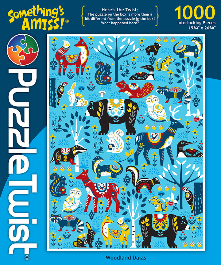 The PuzzleTwist 1000-piece puzzle by Woodland Dallas artist Cindy Lindgren displays a vibrant woodland scene with stylized bears, birds, and rabbits against a blue background.