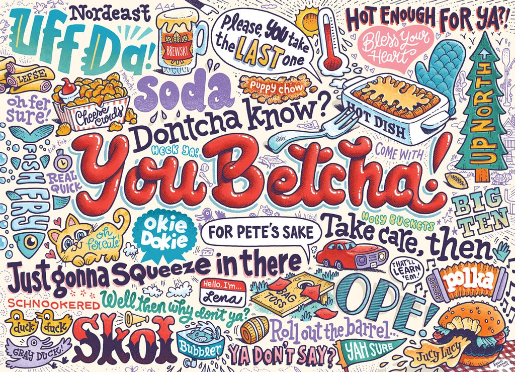 Puzzle showing colorful Midwestern sayings like “You Betcha!” and “Ope!” surrounded by food sketches and playful doodles.