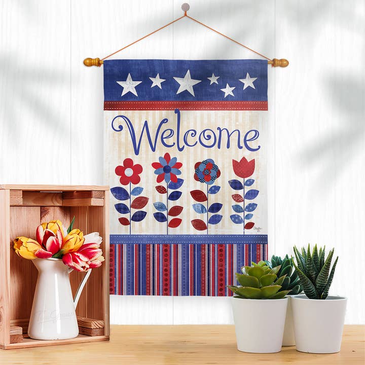 Show your American pride all season with the Welcome Patriotic Americana Star and Stripes Floral Flag—a weather-resistant decorative banner featuring stars and floral accents, perfect for brightening up your home’s entryway or porch.