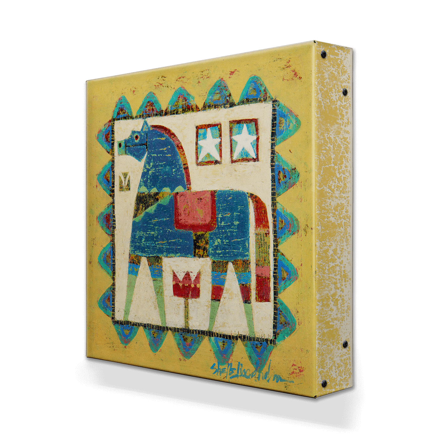 The Wall Decor: Blue Dala Horse - Metal Box Art (Aluminum Box, 18" x 18") showcases a square, Scandinavian-inspired design with a stylized blue Dala horse featuring geometric patterns, stars, and red accents on a textured background.