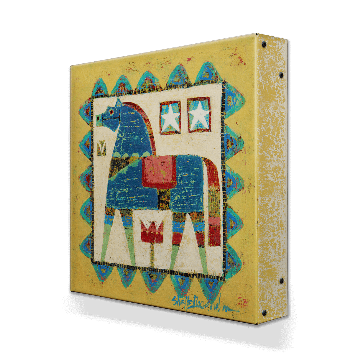 The Wall Decor: Blue Dala Horse - Metal Box Art (Aluminum Box, 18" x 18") showcases a square, Scandinavian-inspired design with a stylized blue Dala horse featuring geometric patterns, stars, and red accents on a textured background.