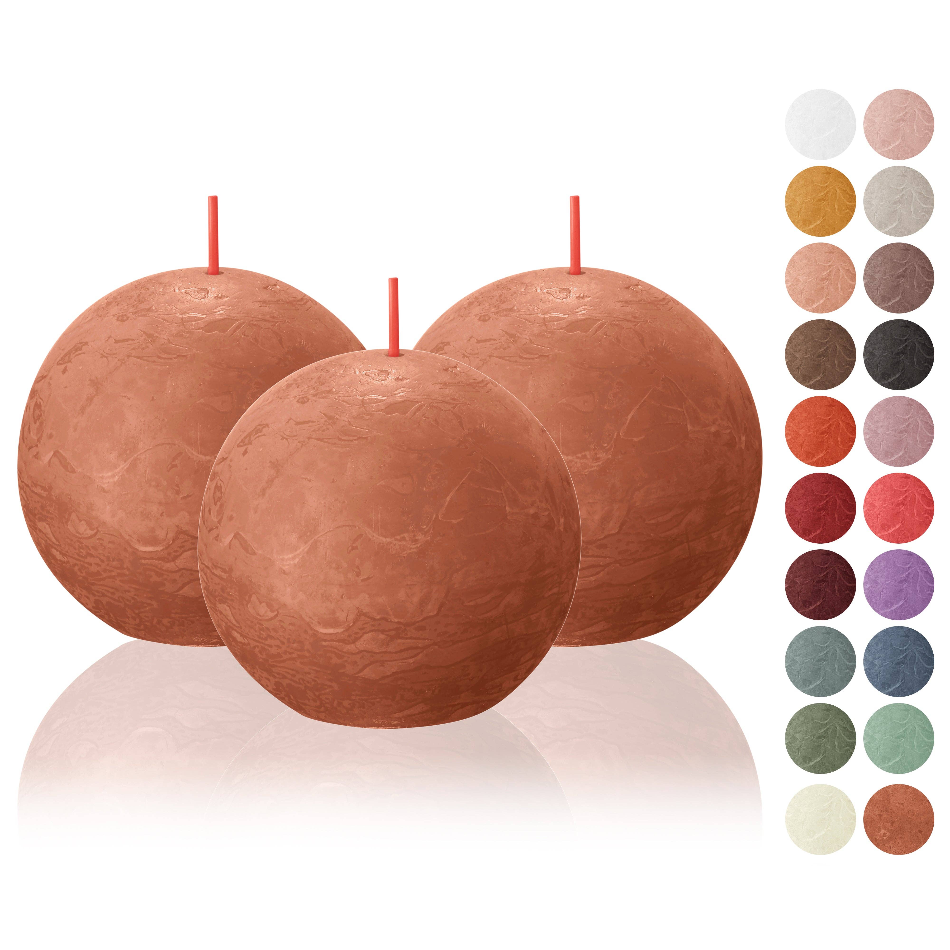 A Candle: Rusty Pink Rustic 3" Ball Candle (Single) made from plant-based wax with a visible wick is shown in the foreground, alongside a grid displaying 20 different candle color options.