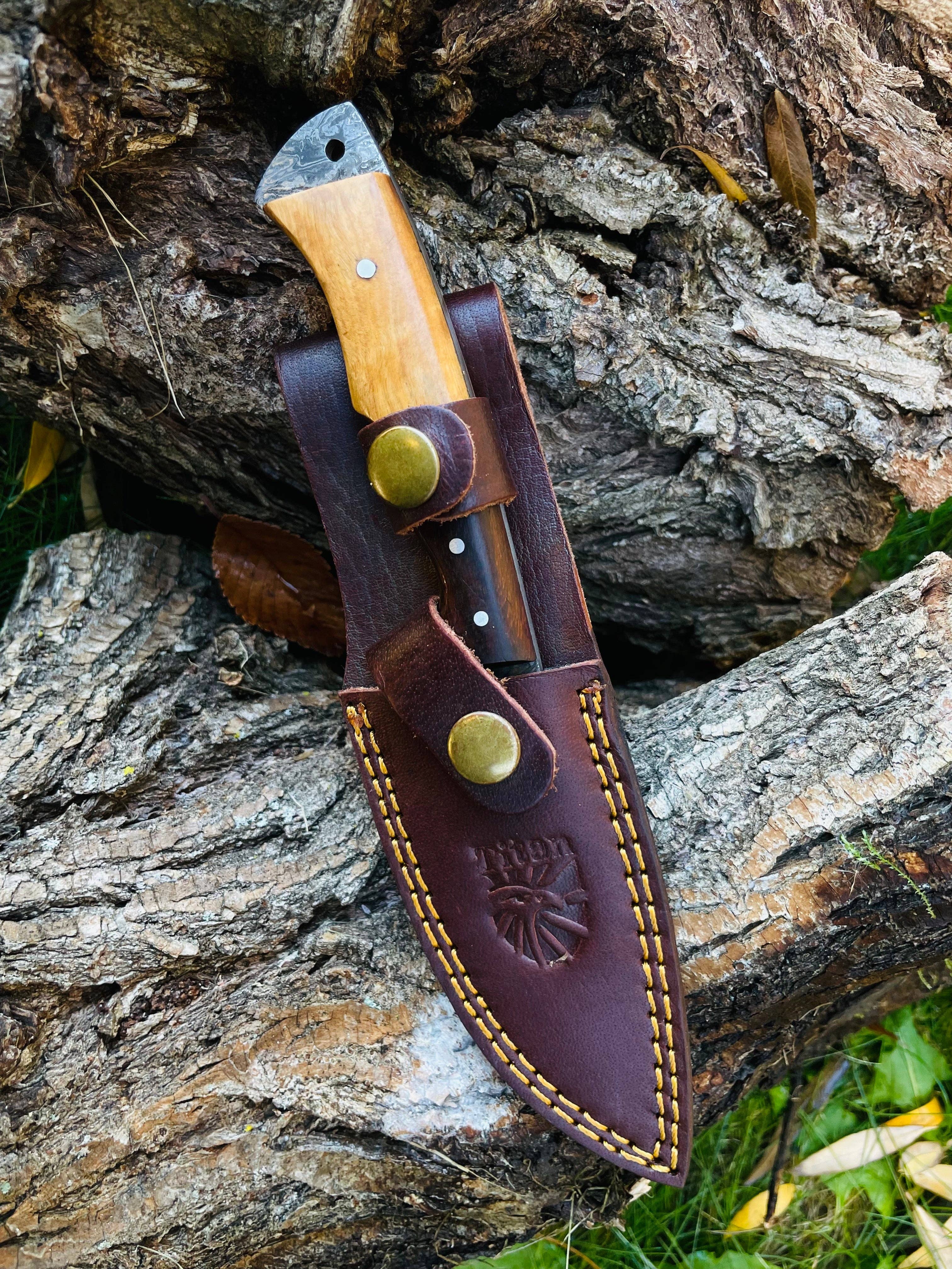The Damascus Steel Guthook Skinning Knife features a fixed blade and wooden handle, housed in a brown leather sheath, displayed on rugged tree bark outdoors.