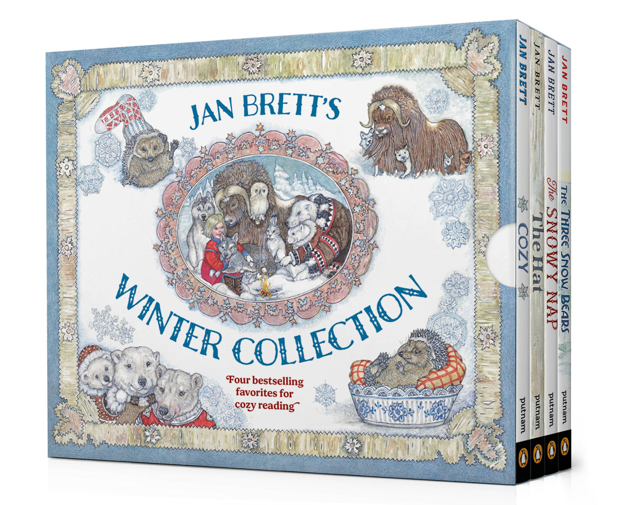 The Books: Jan Brett's Winter Collection Box Set includes Snowy Nap, The Hat, Cozy, and Three Snow Bears—wintry picture books with charming animal illustrations, ideal as a children's holiday gift.