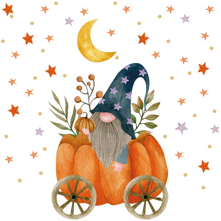 The Pumpkin Gnome Cocktail Napkins (5x5 inches, 20 per pkg) feature a long-bearded gnome in a pumpkin carriage with leaves, stars, dots, and a crescent moon—perfect for Halloween gatherings.