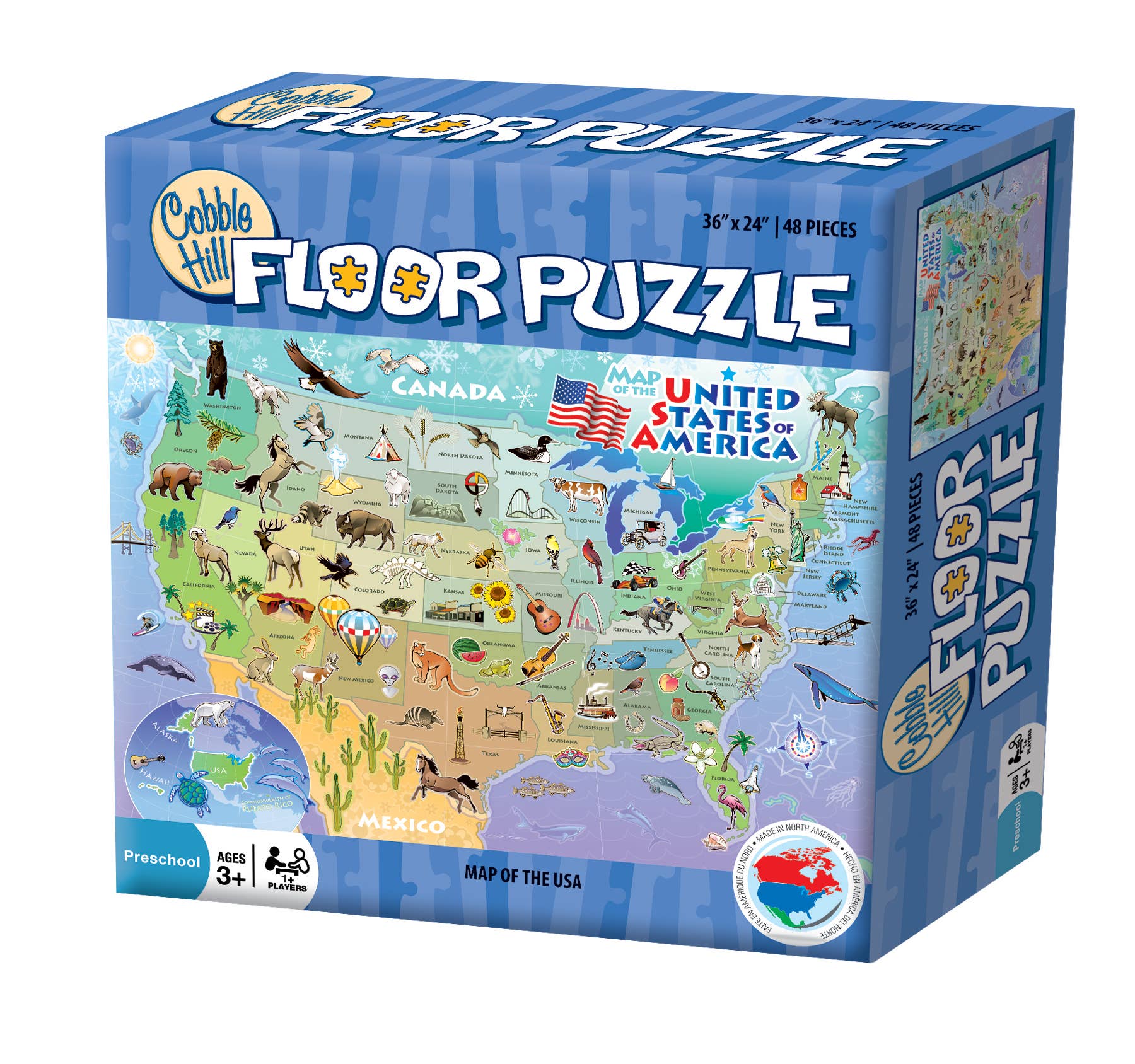 Explore the USA with our 48-piece floor puzzle, Puzzle: Map of the United States of America, featuring a colorful map adorned with animals and landmarks. Ideal for curious minds aged 3 and up.