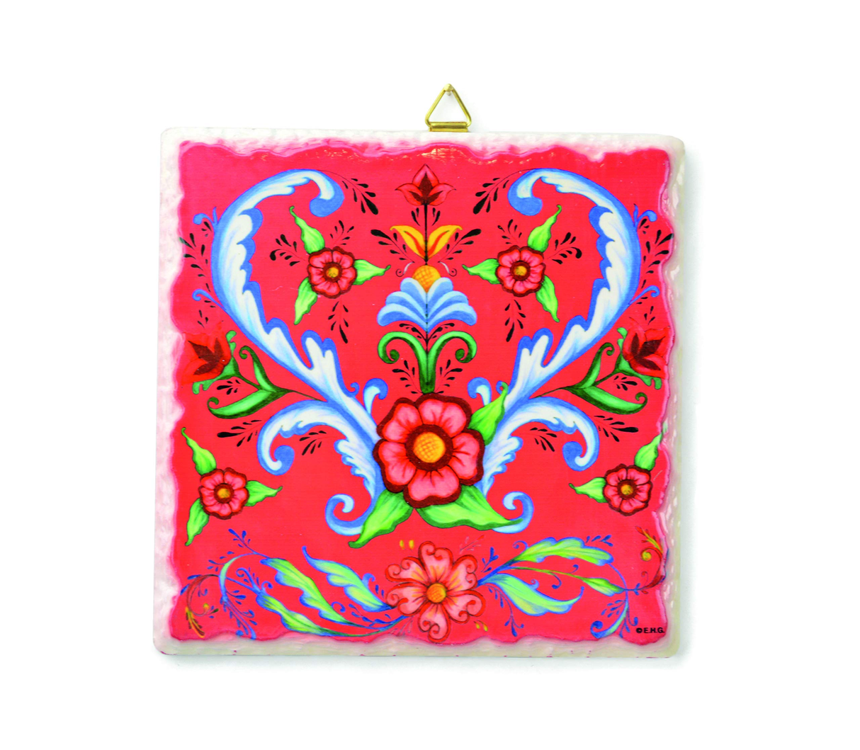 Tile: Red Norwegian Rosemaling Ceramic Deluxe Plaque with Beveled Edges Cork Backing & Brass Hanger 6.25" Square Tile