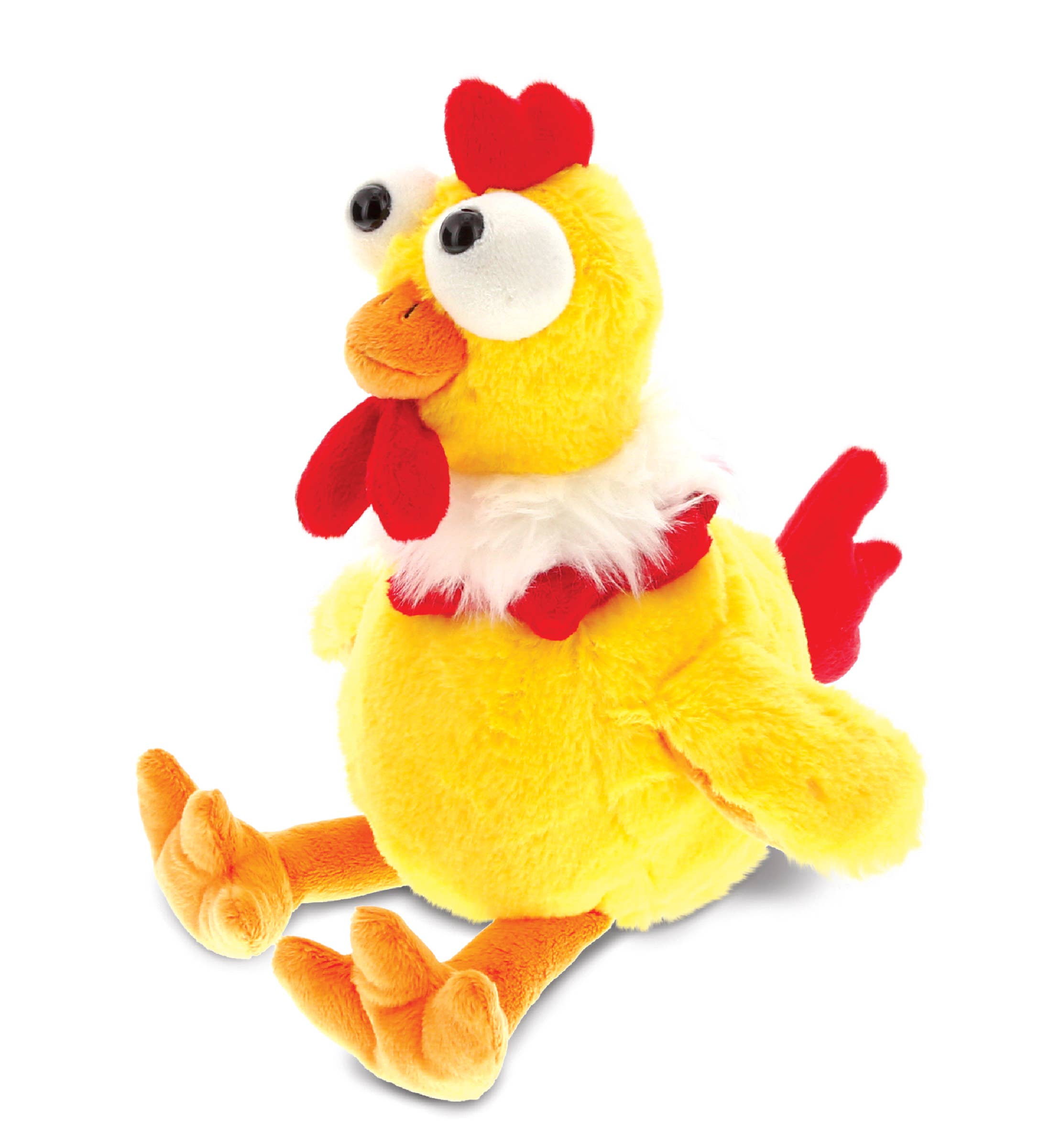 The Plush: Super Soft Yellow Rooster Stuffed Animal is an adorable chicken plush with an orange beak and feet, plus a bright red comb, wattle, and tail, shown sitting upright against a white background.