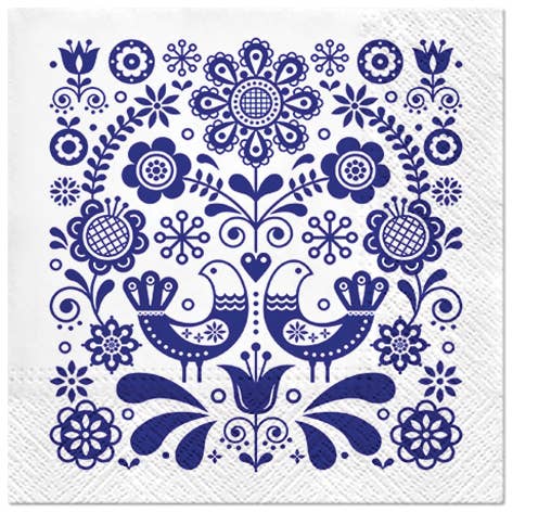Napkins: Folk Art Lunch Napkins Blue on White with Love Birds and Flowers (20/pkg)—perfect for fans of European-style napkins featuring charming blue folk art birds and floral patterns.