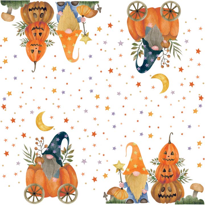 Whimsical Pumpkin Gnome Cocktail Napkins—featuring gnomes in hats, pumpkins, moons, and stars. Perfect for Halloween parties! Printed on white 3-ply napkins. Package includes 20 napkins, each 5x5 inches.