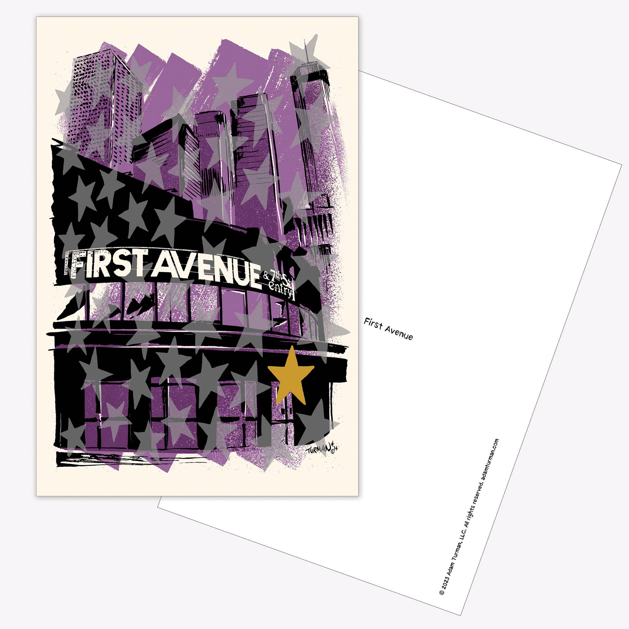 Postcards: MN Abbey Road features an illustration in purple tones with city buildings, black and white stars, and a bold gold star on the facade. A partial postcard back makes it a unique Minnesota collectible print.