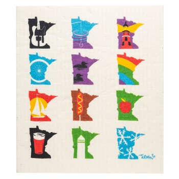 The Dish Cloth: MN Months by Adam Turman Swedish Dish Cloth showcases colorful Minnesota state outlines with iconic symbols like a guitar, loon, and lighthouse, along with playful ferris wheels and rainbows. These vibrant scenes make it a super absorbent and environmentally-friendly towel choice.