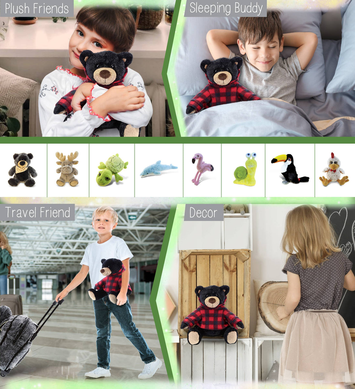 Kids use the Plush: Super Soft Black Bear Stuffed Animal With Red Plaid Hoodie as a cuddly toy, sleep buddy, travel pal, and room decor; features images of more woodland plush friends.