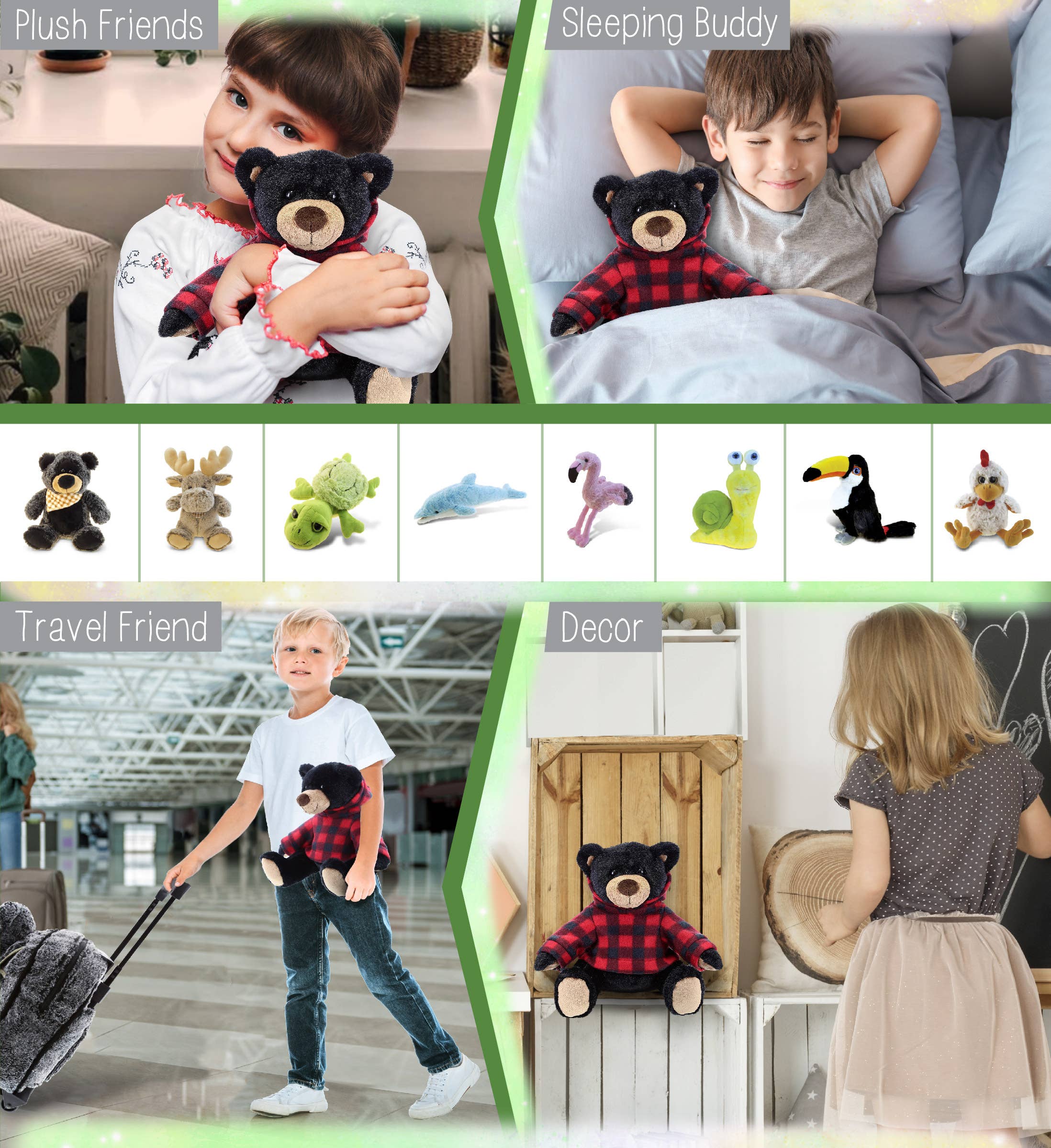 Kids use the Plush: Super Soft Black Bear Stuffed Animal With Red Plaid Hoodie as a cuddly toy, sleep buddy, travel pal, and room decor; features images of more woodland plush friends.