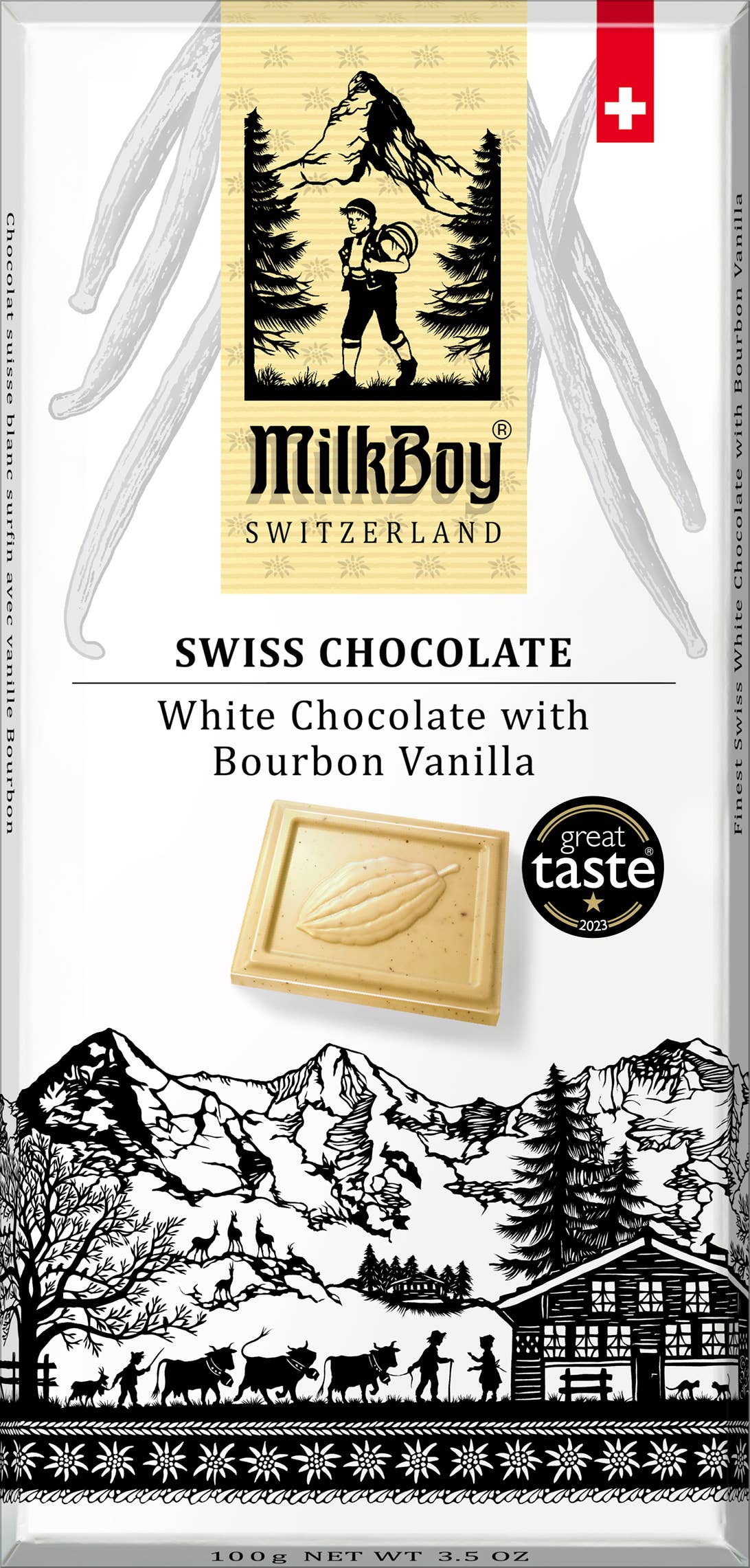 The MilkBoy Swiss Alpine White Chocolate with Bourbon Vanilla (85g) packaging features an illustration of mountains, a forest, and a cabin. It proudly displays Swiss Chocolate and highlights its rich flavor with White Chocolate with Bourbon Vanilla.