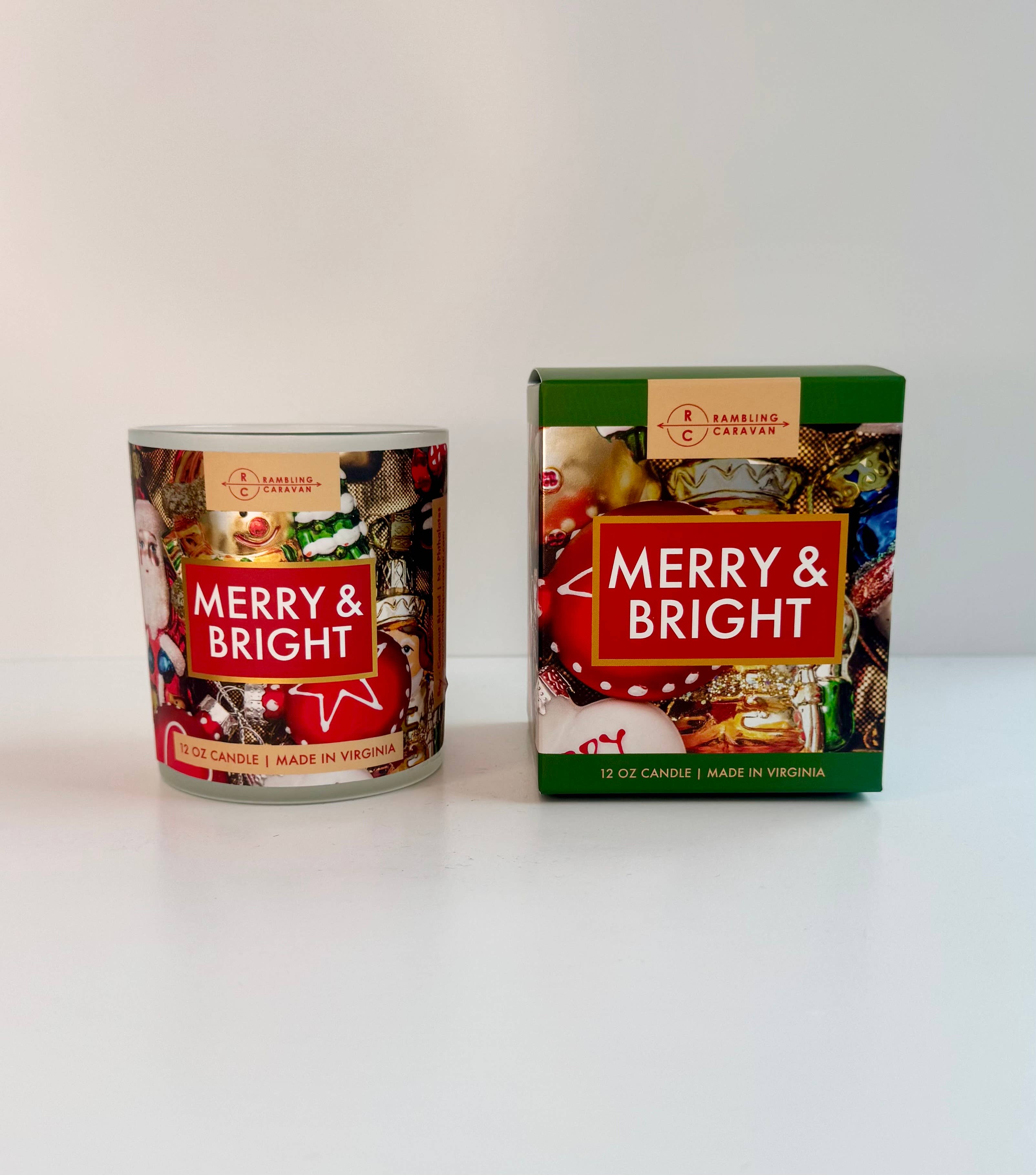 The 12oz Merry & Bright Candle is shown in a glass jar beside its festive green and red box, making it the perfect premium holiday scented candle for your celebrations.