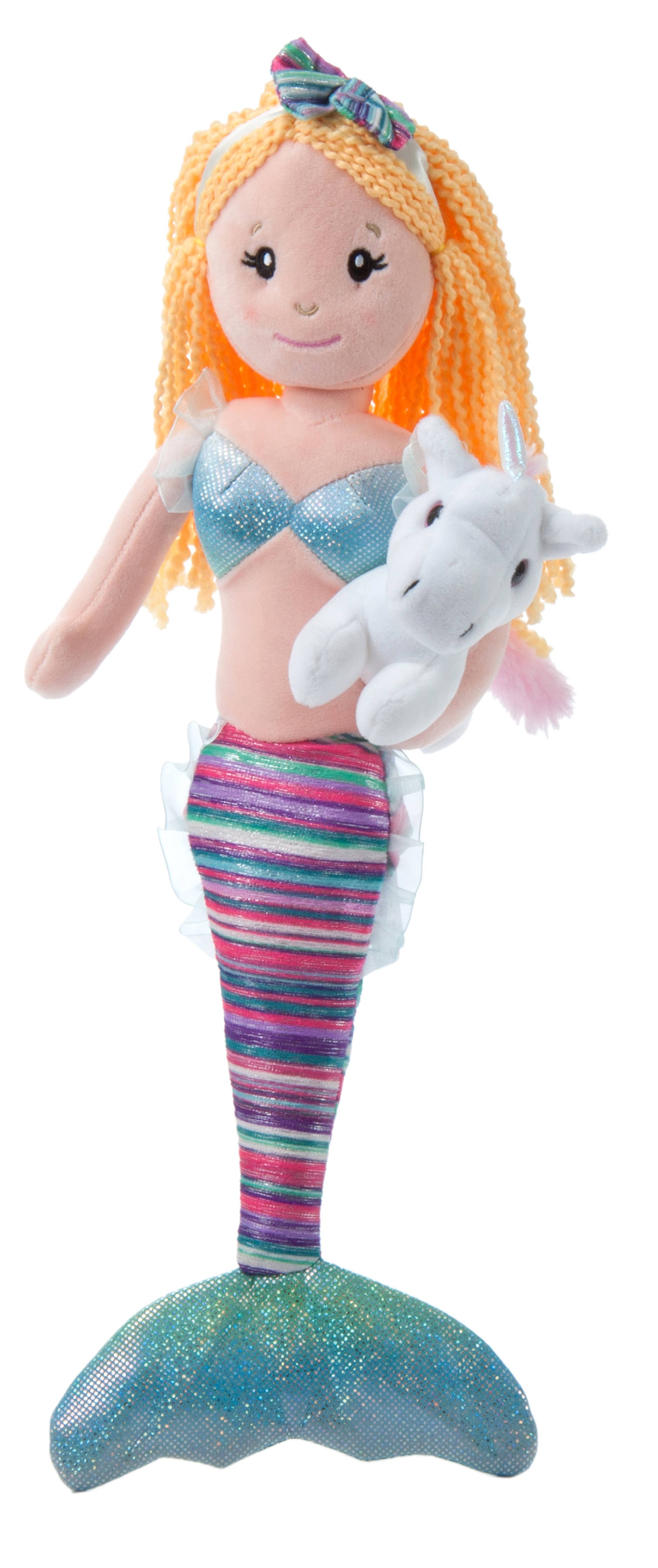 The Plush: Boho Mermaid & Unicorn 17 Tall Stuffed Doll features orange yarn hair, a shiny blue top, a striped tail, and comes with a small white unicorn stuffed doll.