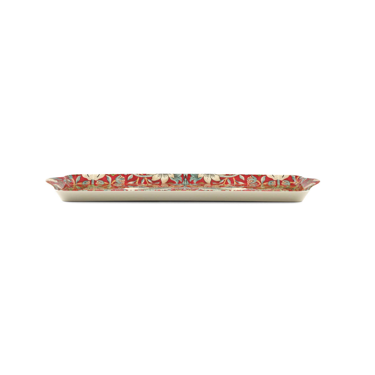 Rectangular ceramic tray with red William Morris-inspired floral pattern, slightly raised edges, viewed from the side against a white background.