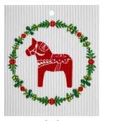 The Dish Cloth: Dala Horse, Red features a red horse with white details inside a wreath of green leaves and red berries on a striped background—part of our Nordic Collection, 6.6"x7.9", made in Sweden and biodegradable.