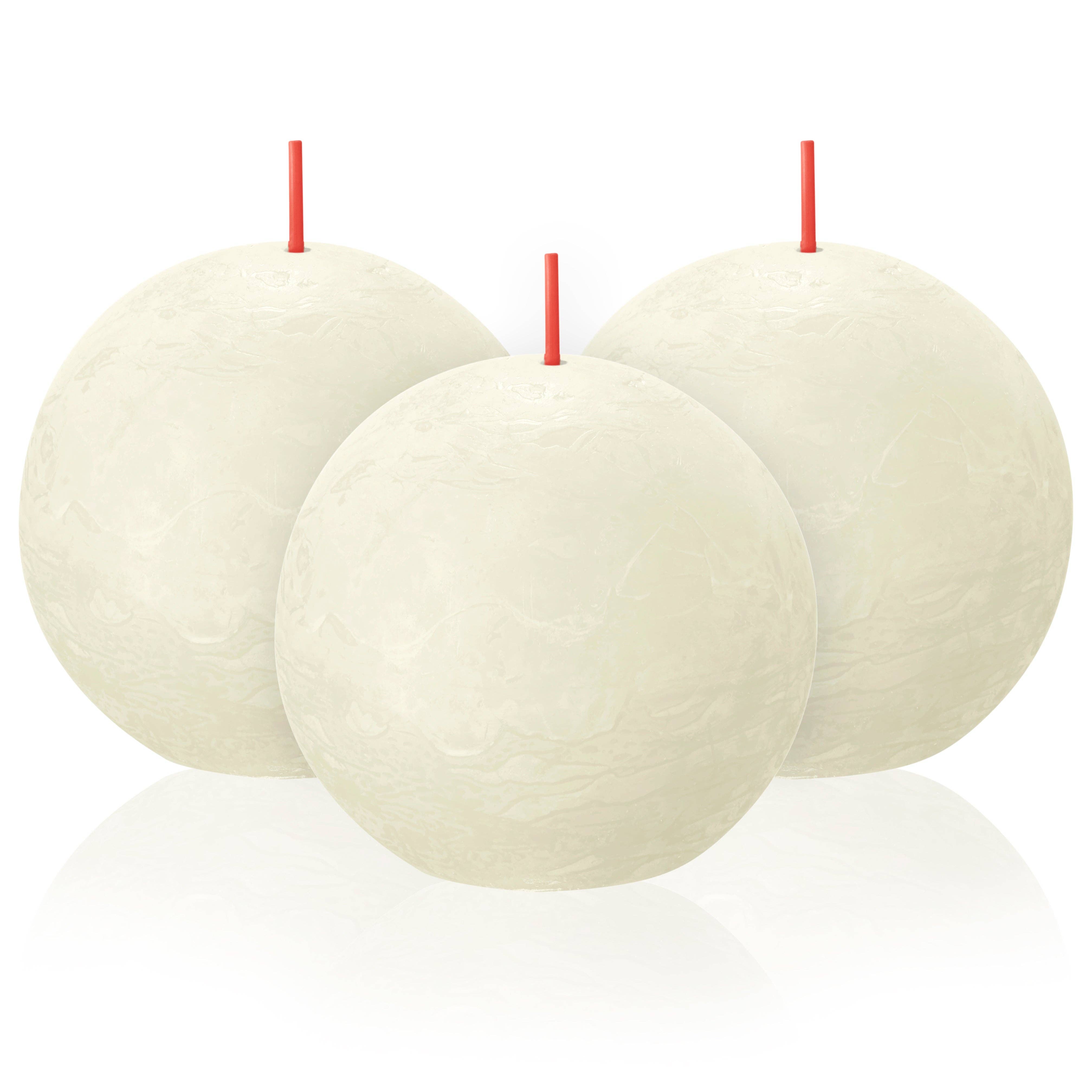 A single Ivory Rustic 3" Ball Candle is displayed against a white background, featuring an unscented, elegant round shape for a simple, stylish look.