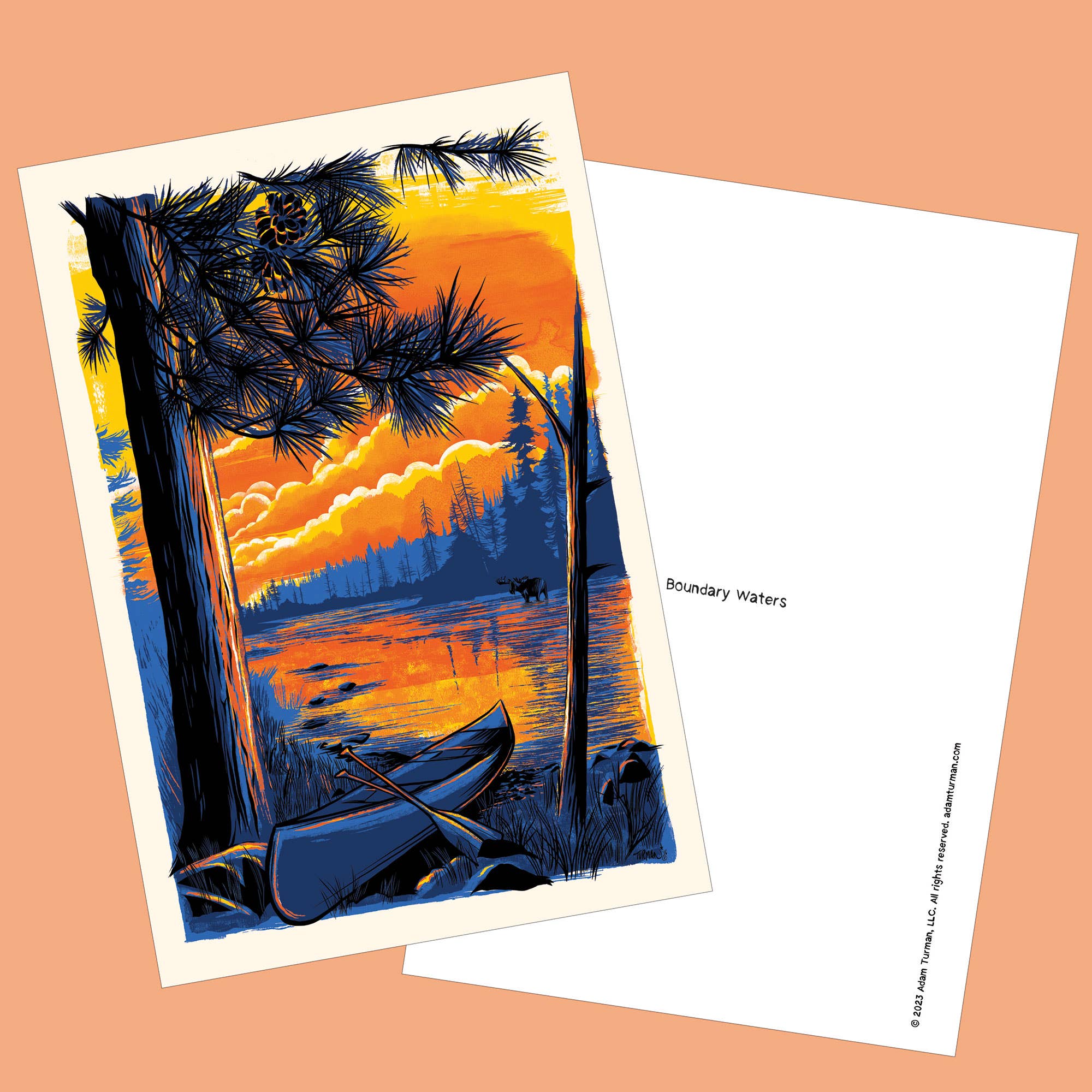 Postcards: MN Abbey Road features a Minnesota lake at sunset with a canoe on the shore and a moose in the water. The back reads Boundary Waters—an ideal collectible print for nature lovers and postcard enthusiasts.
