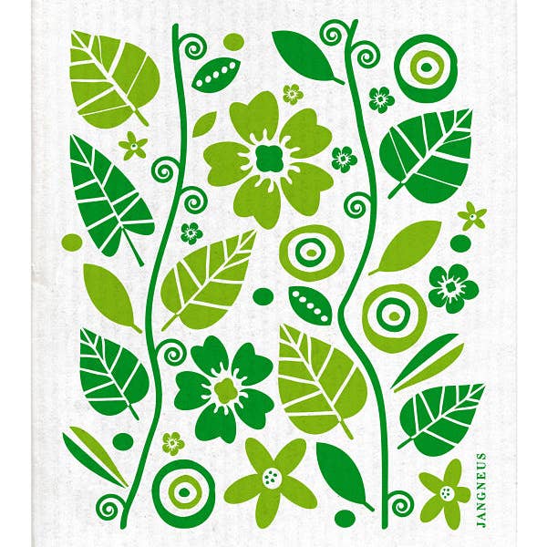 The Swedish Dish Cloth - Garden Green showcases a green floral and leaf pattern on a white backdrop with circular and geometric motifs, reflecting Scandinavian style. Its biodegradable, offering an eco-friendly and stylish cleaning solution.