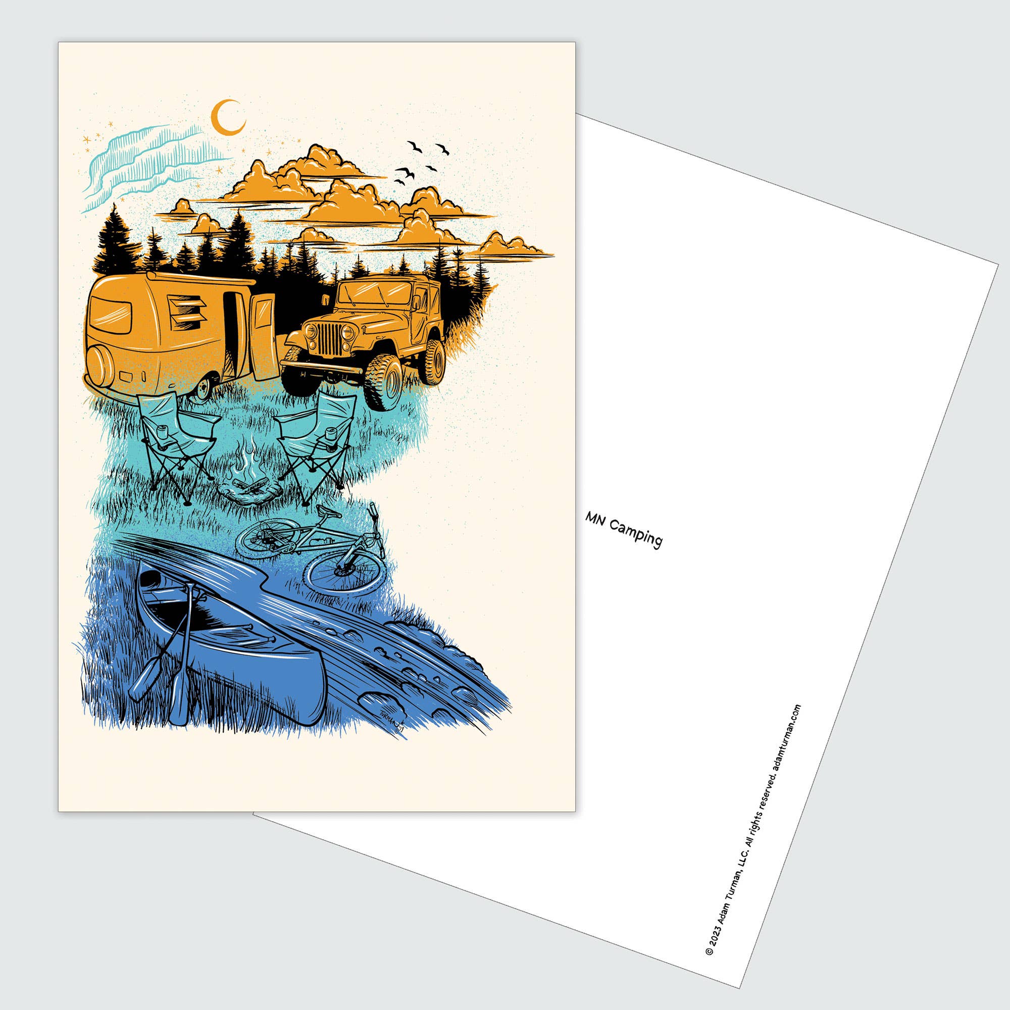 Illustration of a camping scene with camper, jeep, campfire, and more near a river—featured on Postcards: MN Abbey Road. A unique Minnesota collectible print or postcard, surrounded by trees and clouds.