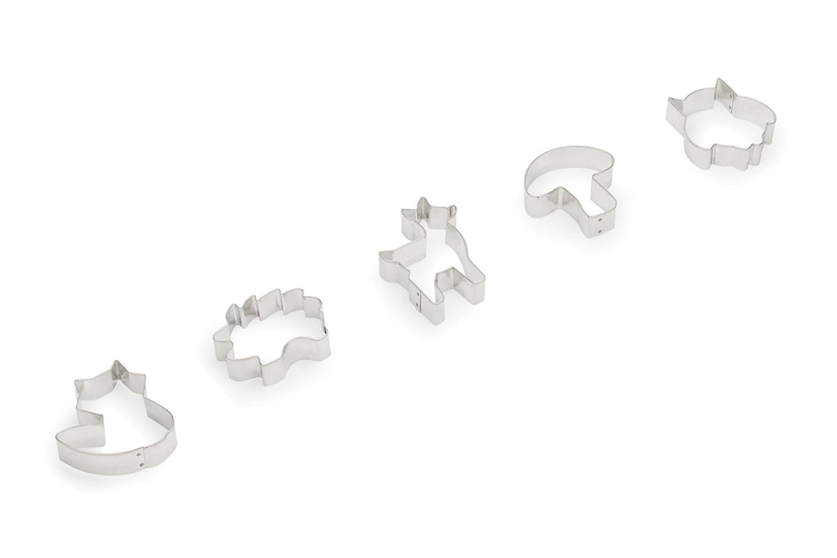 The Cookie Cutters: Woodland Animal Set of 5, featuring delightful shapes including a charming fox, are displayed in a row on a white background, ideal for infusing your holiday baking with a touch of woodland charm.