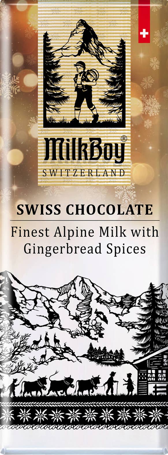 The MilkBoy Gingerbread Spices Milk Chocolate Snack Size Bar 1.4oz wrapper shows alpine scenery and a hiker, with “Finest Alpine Milk with Gingerbread Spices” text and a Swiss flag in the corner for this limited edition treat.
