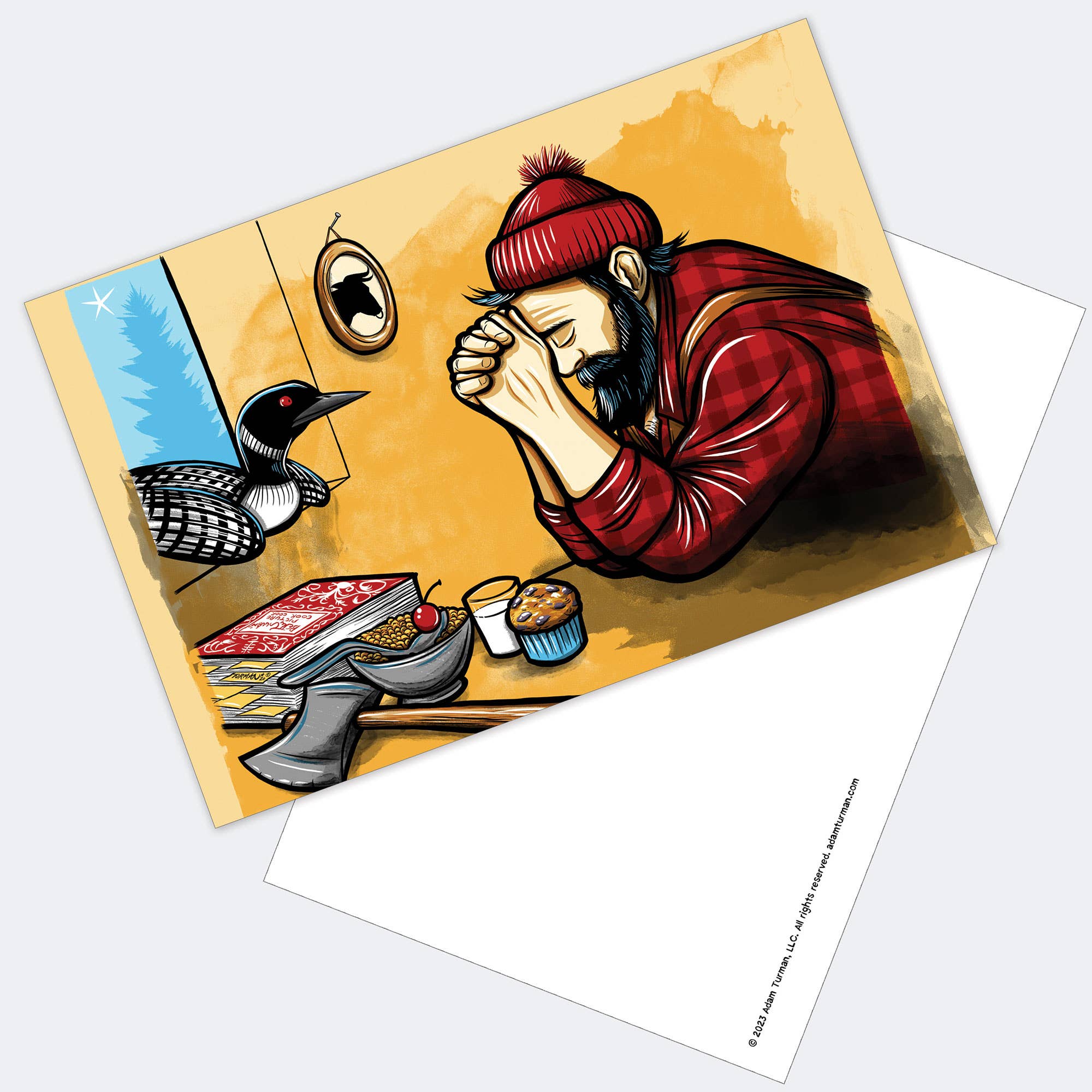 Illustration of a man in a red beanie praying at a table with food and fishing gear, with a loon picture on the wall—Postcards: MN Abbey Road is the perfect Minnesota collectible print.
