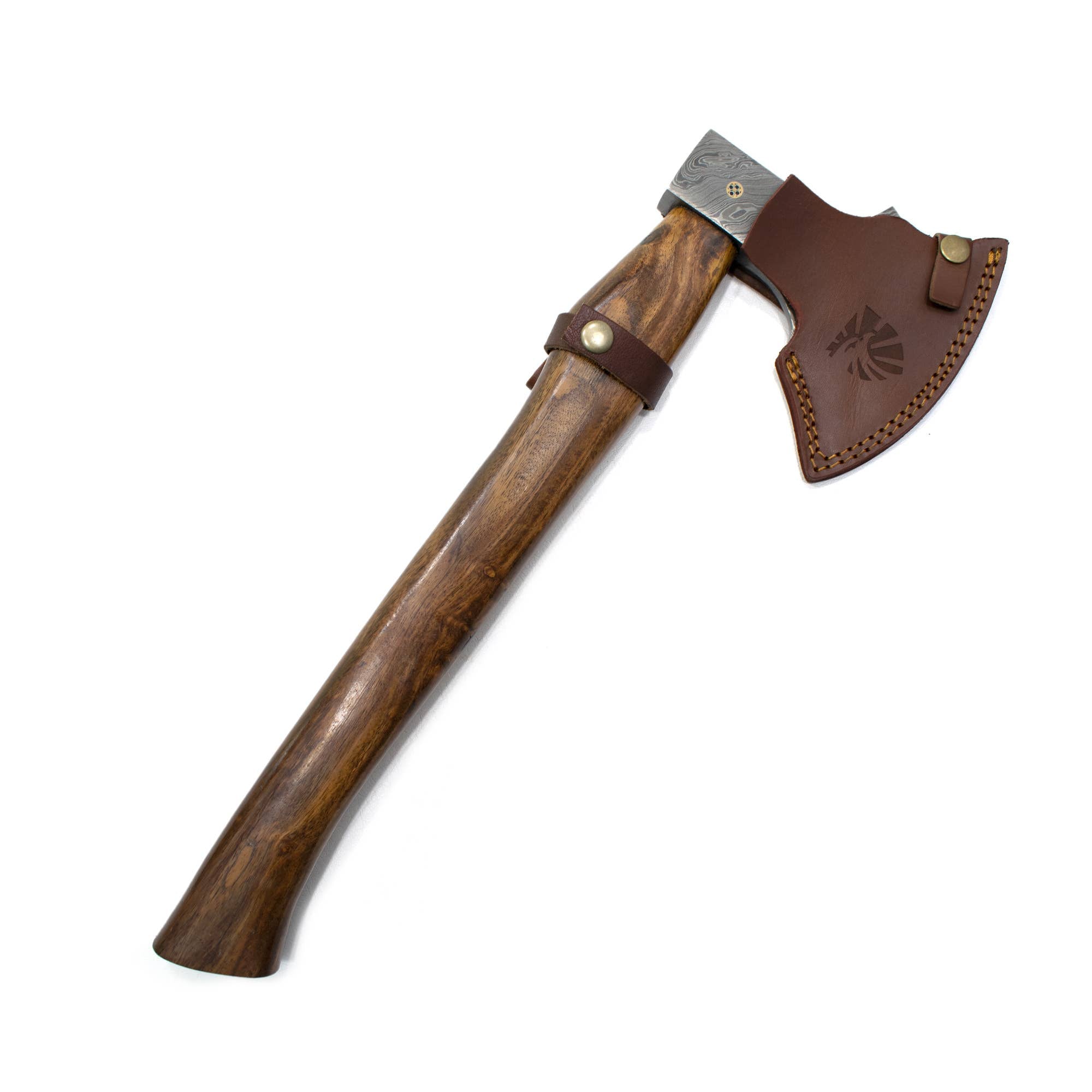 The Axe: Damascus Steel All Around Camping Knife, featuring a wooden handle, metal head, and brown leather sheath, is perfect to pair with a high-carbon steel hunting knife for outdoor adventures.