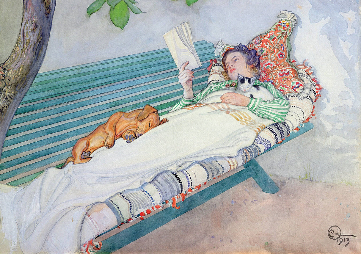 The Card: Carl Larsson Swedish Artist: Woman Reclining on a Bench Birthday Card captures a cozy scene with a woman reading on a bench, cat on her chest, blanket over her legs—perfect for sending birthday wishes.