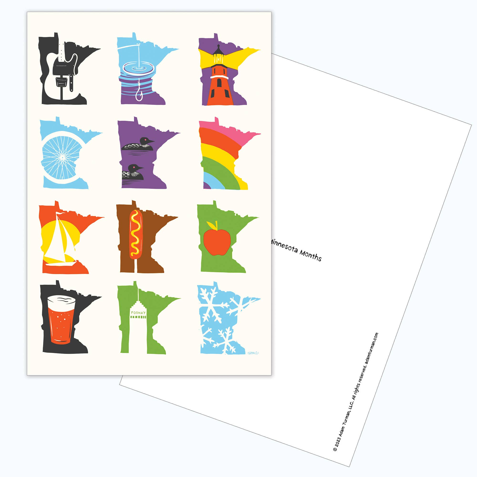 Postcards: MN Abbey Road showcases twelve Minnesota state outlines, each with a fun icon—guitar, canoe, lighthouse, more—on a colorful collectible print. One outline cleverly nods to Abbey Road with silhouettes crossing.