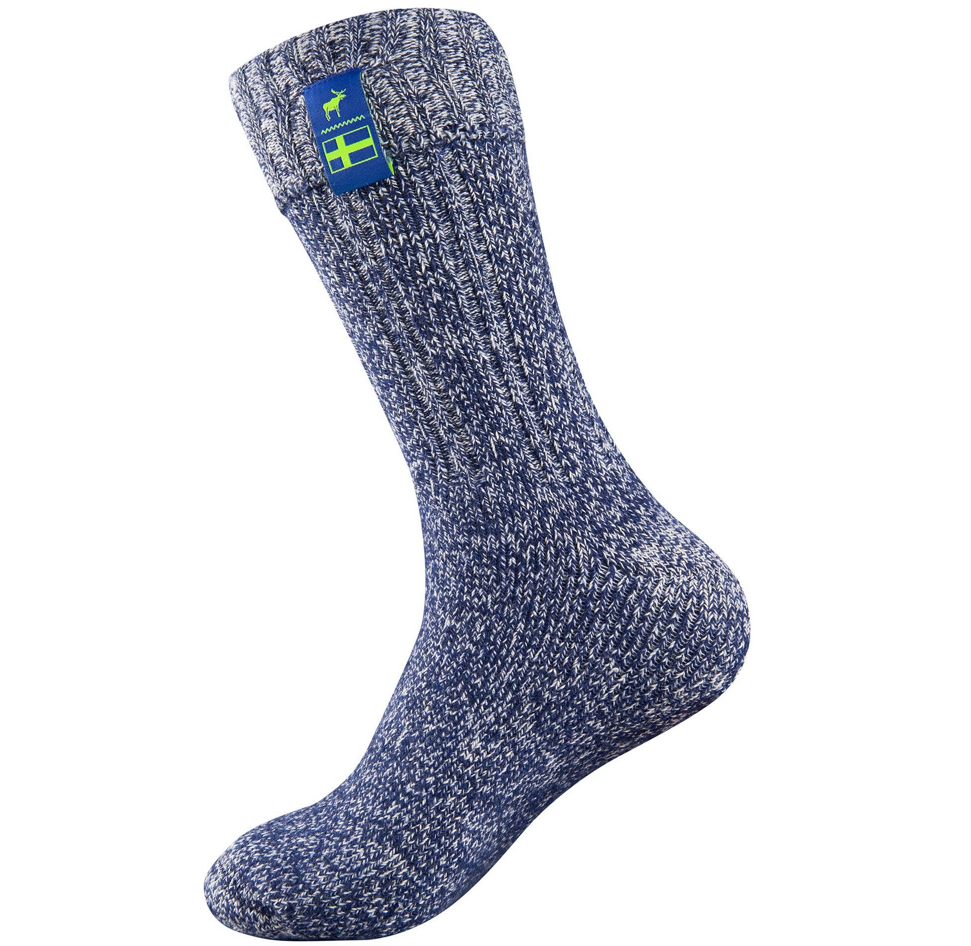 Stay cozy with The Nordic Sock Company’s Classic Nordic Socks in Swedish Midnight Blue, featuring a blue and white knit, folded cuff, and a moose patch with a Swedish flag—perfect for fans of authentic Swedish style.