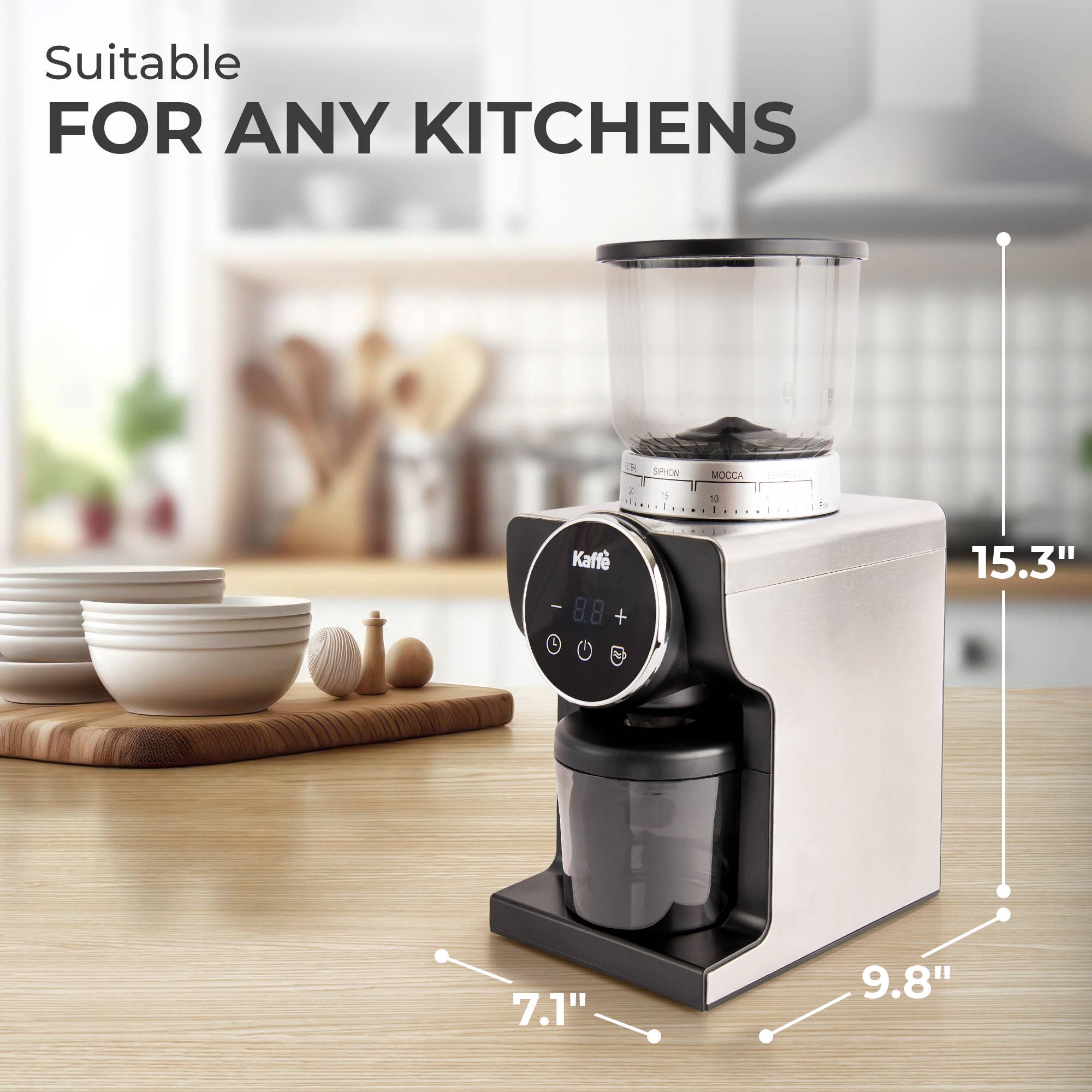 The Coffee Grinder: Electric Conical Burr Coffee Grinder – Precision Grinding with Digital Control, in silver and black (15.3" tall, 9.8" deep, 7.1" wide), sits on a kitchen counter with kitchenware in the background.