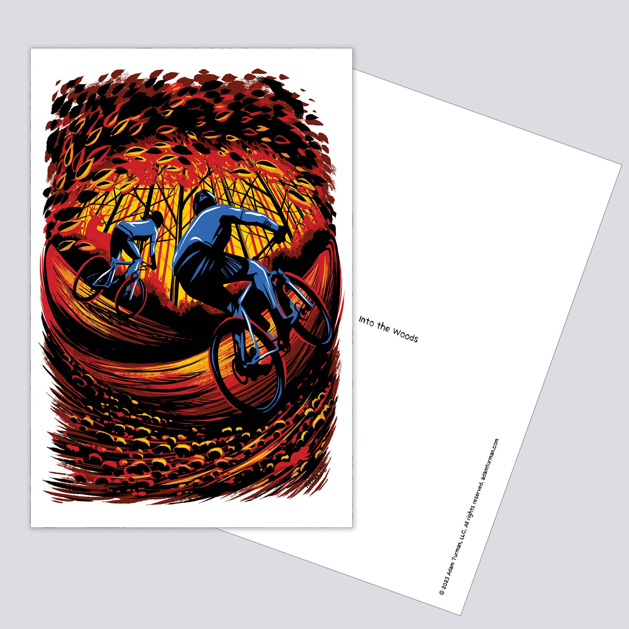 Illustration of two cyclists on mountain bikes riding through a colorful autumn forest, featured on the Postcards: MN Abbey Road Minnesota postcard.