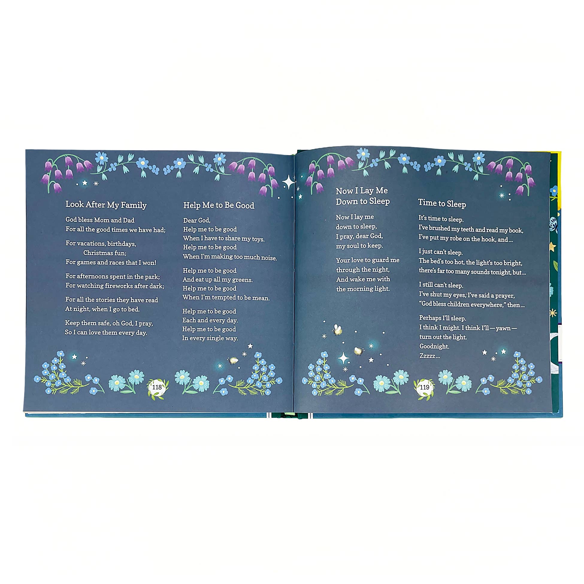 The open "Good Night God, Bedtime Bible Stories" book shows four bedtime prayers on dark blue, flower- and star-decorated pages—an ideal baby's first Bible or thoughtful christening gift.