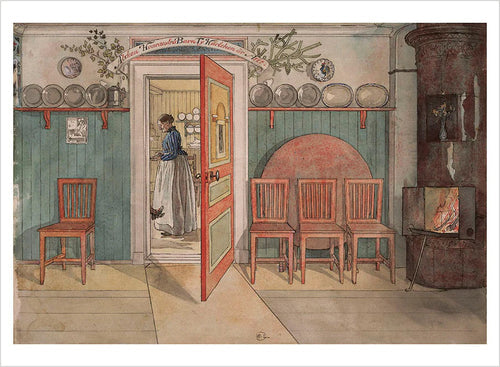 A cozy room with wooden chairs, a red stove aglow with fire, and a doorway open to reveal a woman in an apron working in the next room. Plates line a shelf above green-paneled walls, capturing the charming interiors depicted by renowned Swedish painter Carl Larsson—like those featured in Skandisk’s "Post Card: Carl Larsson — A Book of Postcards.