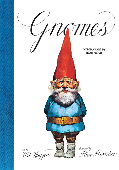 Book cover of Gnomes by Wil Huygen featuring an illustrated gnome with a red hat and blue coat on a white background, with the stylized title above.