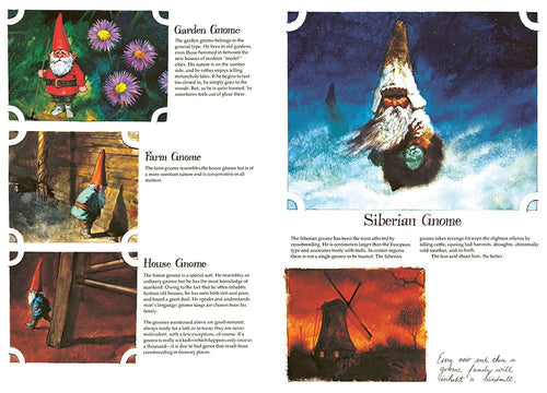 A collage inspired by "Book: Gnomes Introduction by Brian Froud Text by Wil Huygen Illustrated by Rien Poortvliet" from Abrams features gnomes in gardens, on farms, at home, in snowy scenes, and with a windmill at sunset.